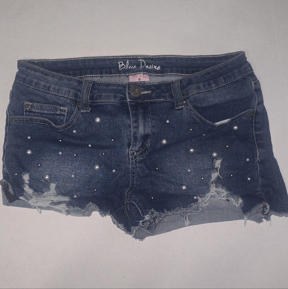 Blue Desire Women's Distressed Denim Shorts with Pearl Details
